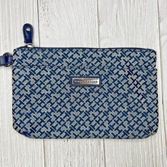 Tommy Hilfiger Navy Blue‎ Monogram Wristlet Pouch Small Bag Purse - Picture 1 of 10